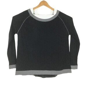 NWT Carma by Brunwoldt L Black Knit Blouse Sheer Back Gray Silver Long Sleeve